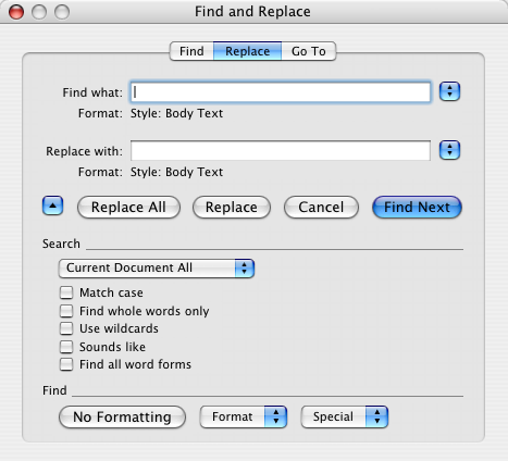 Word search and replace dialogs